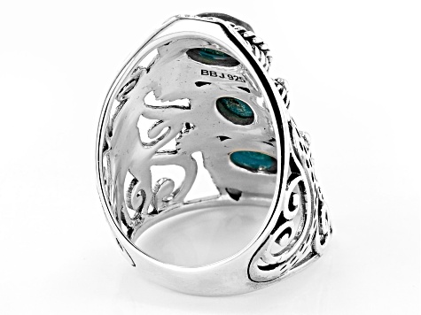 Pre-Owned Blue Turquoise Rhodium Over Sterling Silver 3-Stone Ring