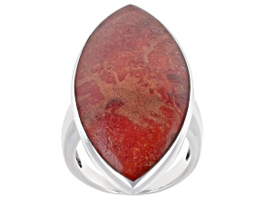 Pre-Owned Marquise Red Coral Rhodium Over Sterling Silver Solitaire Ring