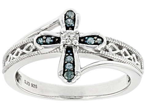 Pre-Owned Blue And White Diamond Rhodium Over Sterling Silver Cross Ring 0.15ctw