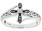 Pre-Owned Blue And White Diamond Rhodium Over Sterling Silver Cross Ring 0.15ctw