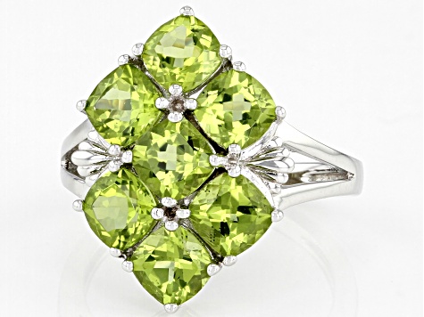 Pre-Owned Green Peridot Rhodium Over Sterling Silver Ring 3.93ctw