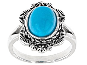 Pre-Owned Blue Sleeping Beauty Turquoise Rhodium Over Sterling Silver Floral Design Ring