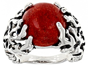 Pre-Owned Red Sponge Coral Rhodium Over Sterling Silver Ring