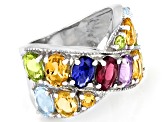 Pre-Owned Oval And Round Multi Color Multi Gemstone Rhodium Over Sterling Silver Ring 4.99ctw