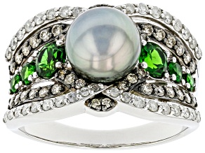Pre-Owned Cultured Tahitian Pearl, Chrome Diopside And Champagne And White Diamond 14k White Gold Ri