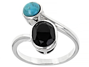 Pre-Owned Black Spinel and Turquoise Rhodium Over Silver Bypass Ring 1.70ct