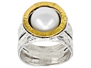 Pre-Owned White Cultured Freshwater Pearl Sterling Silver With 14k Yellow Gold Over Accent Ring