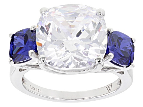 Pre-Owned Blue And White Cubic Zirconia Rhodium Over Sterling Silver Ring 15.52ctw