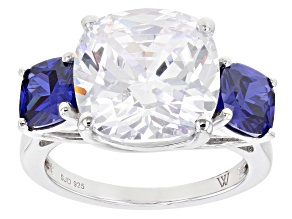 Pre-Owned Blue And White Cubic Zirconia Rhodium Over Sterling Silver Ring 15.52ctw