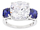 Pre-Owned Blue And White Cubic Zirconia Rhodium Over Sterling Silver Ring 15.52ctw