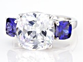 Pre-Owned Blue And White Cubic Zirconia Rhodium Over Sterling Silver Ring 15.52ctw