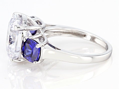 Pre-Owned Blue And White Cubic Zirconia Rhodium Over Sterling Silver Ring 15.52ctw