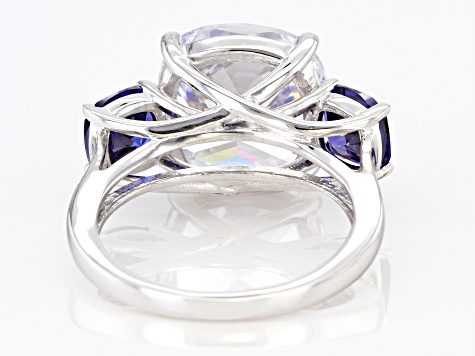 Pre-Owned Blue And White Cubic Zirconia Rhodium Over Sterling Silver Ring 15.52ctw