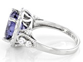 Pre-Owned Blue and White Cubic Zirconia Rhodium Over Sterling Silver Ring 6.96ctw