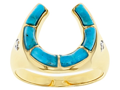 Pre-Owned Mens Turquoise 18k  Yellow Gold Over Silver Horseshoe Ring .04ctw