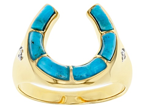Pre-Owned Mens Turquoise 18k Yellow Gold Over Silver Horseshoe Ring .04ctw
