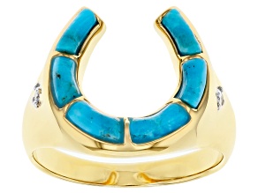 Pre-Owned Mens Turquoise 18k  Yellow Gold Over Silver Horseshoe Ring .04ctw