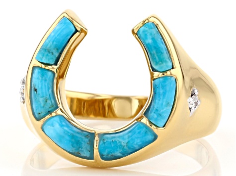 Pre-Owned Mens Turquoise 18k Yellow Gold Over Silver Horseshoe Ring .04ctw
