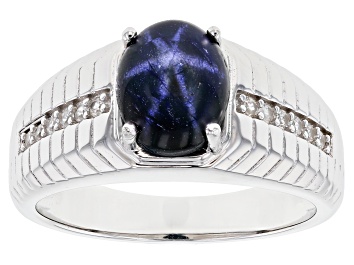 Picture of Pre-Owned Blue Star Sapphire Rhodium Over Silver Men's Ring 4.11ctw