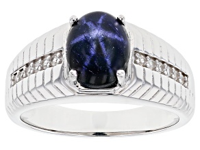 Pre-Owned Blue Star Sapphire Rhodium Over Silver Men's Ring 4.11ctw