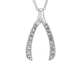 Pre-Owned White Crystal Rhodium Over Sterling Silver Wishbone Pendant With Chain