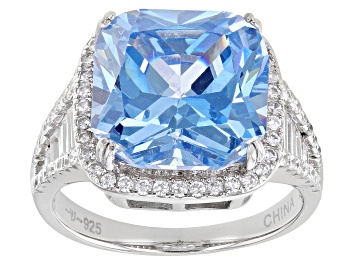 Picture of Pre-Owned Blue And White Cubic Zirconia Rhodium Over Sterling Silver Ring 11.48ctw