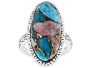 Pre-Owned Blended Turquoise And Pink Opal Rhodium Over Sterling Silver Ring