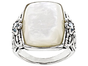 Pre-Owned 20x14mm Cushion Mother Of Pearl And Sky Blue Topaz Rhodium Over Sterling Silver Ring 0.34c