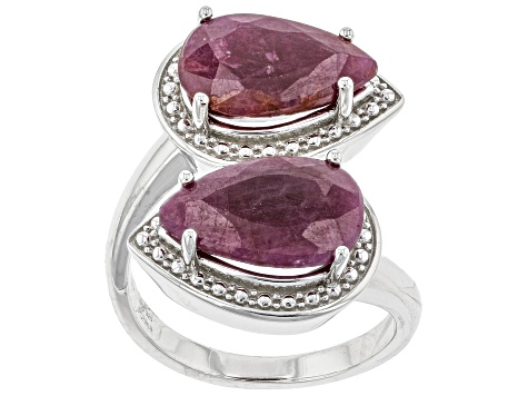 Pre-Owned Red Indian Ruby Rhodium Over Sterling Silver Bypass Ring. 5.00ctw