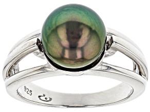 Pre-Owned Cultured Tahitian Pearl 8-9mm Rhodium Over Sterling Silver Ring