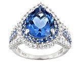 Pre-Owned Blue And White Cubic Zirconia Rhodium Over Sterling Silver Ring 6.34ctw