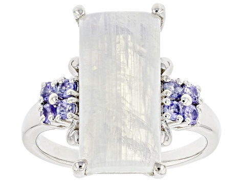 Pre-Owned White Rainbow Moonstone Rhodium Over Sterling Silver Ring 0.32ctw