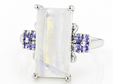 Pre-Owned White Rainbow Moonstone Rhodium Over Sterling Silver Ring 0.32ctw