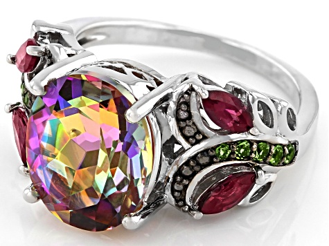 Pre-Owned Multi Color Quartz Rhodium Over Sterling Silver Ring 4.31ctw