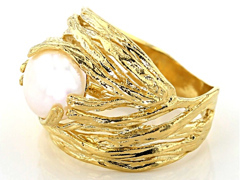 Pre-Owned 8-9MM White Cultured Freshwater Pearl 18K Yellow Gold Over Silver Nest Ring