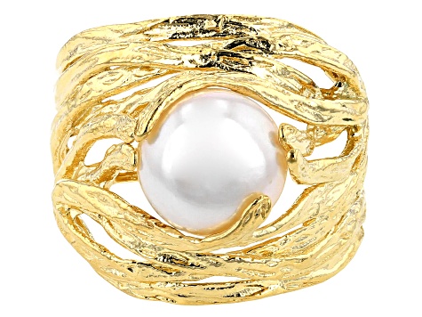 Pre-Owned 8-9MM White Cultured Freshwater Pearl 18K Yellow Gold Over Silver Nest Ring