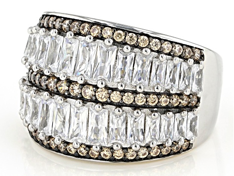 Pre-Owned Champagne And White Cubic Zirconia Rhodium Over Sterling Silver Ring 4.63ctw