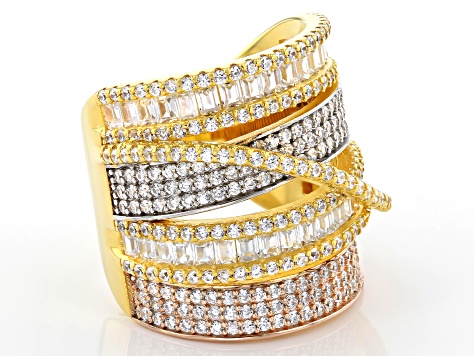 Pre-Owned Cubic Zirconia Rhodium Over Silver And 18K Yellow And Rose Gold Over Sterling Silver Ring.