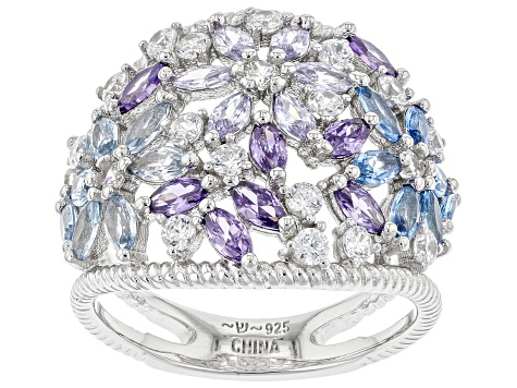 Pre-Owned Lab Created Blue Spinel, White And Purple Cubic Zirconia Rhodium Over Sterling Silver Ring