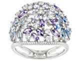 Pre-Owned Lab Created Blue Spinel, White And Purple Cubic Zirconia Rhodium Over Sterling Silver Ring