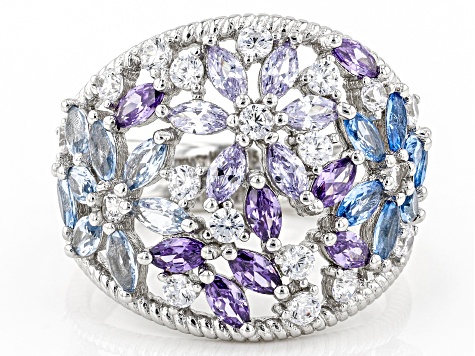 Pre-Owned Lab Created Blue Spinel, White And Purple Cubic Zirconia Rhodium Over Sterling Silver Ring