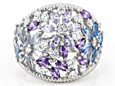 Pre-Owned Lab Created Blue Spinel, White And Purple Cubic Zirconia Rhodium Over Sterling Silver Ring