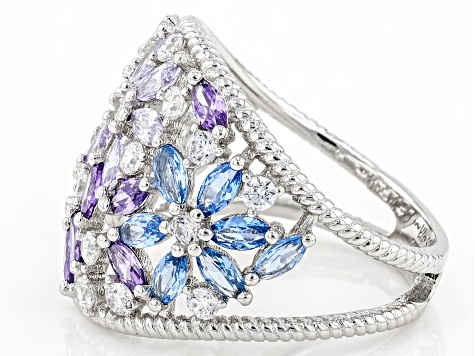 Pre-Owned Lab Created Blue Spinel, White And Purple Cubic Zirconia Rhodium Over Sterling Silver Ring