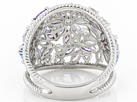 Pre-Owned Lab Created Blue Spinel, White And Purple Cubic Zirconia Rhodium Over Sterling Silver Ring