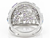 Pre-Owned Lab Created Blue Spinel, White And Purple Cubic Zirconia Rhodium Over Sterling Silver Ring