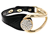 Pre-Owned White Crystal and Black Imitation Leather Gold Tone Bracelet