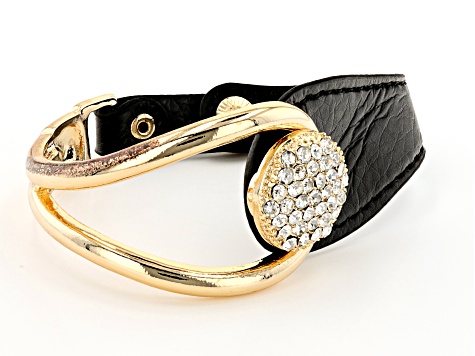 Pre-Owned White Crystal and Black Imitation Leather Gold Tone Bracelet