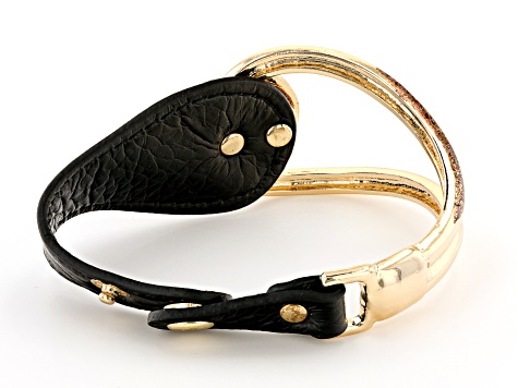 Pre-Owned White Crystal and Black Imitation Leather Gold Tone Bracelet