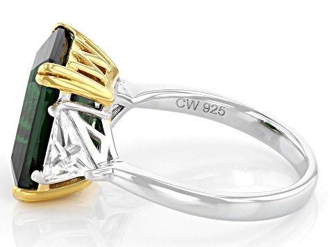 Pre-Owned Green and White Cubic Zirconia Rhodium And 18k Yellow Gold Over Sterling Silver Ring