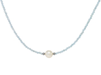 Picture of Pre-Owned Blue Aquamarine Rhodium Over Sterling Silver Beaded Necklace